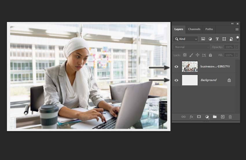 How to crop a single layer in Photoshop: Open the document with two layers.
